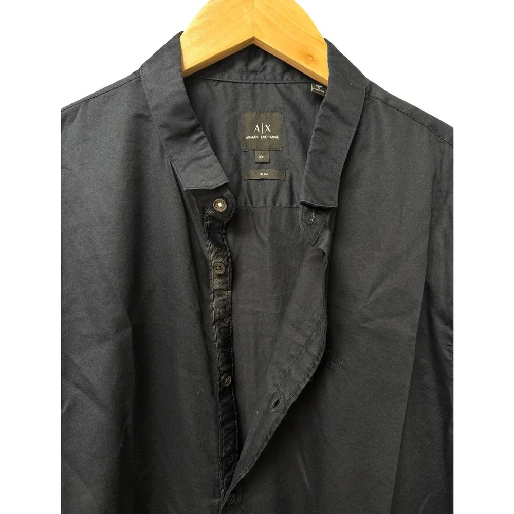 Armani Exchange Satin Button Up Shirt Men XXL Navy Blue Slim‎ Fit Designer EUC